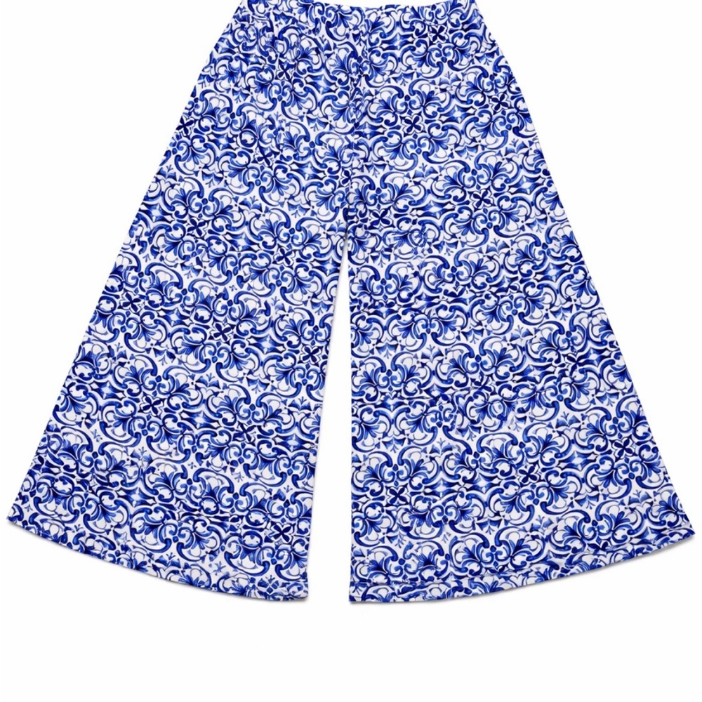 Vince Camuto Blue & White Medallion Print Wide Leg Palazzo Pants - Size L - Picture 7 of 11